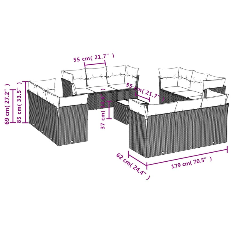 13-tlg. Garten-Sofagarnitur mit Kissen Hellgrau Poly Rattan