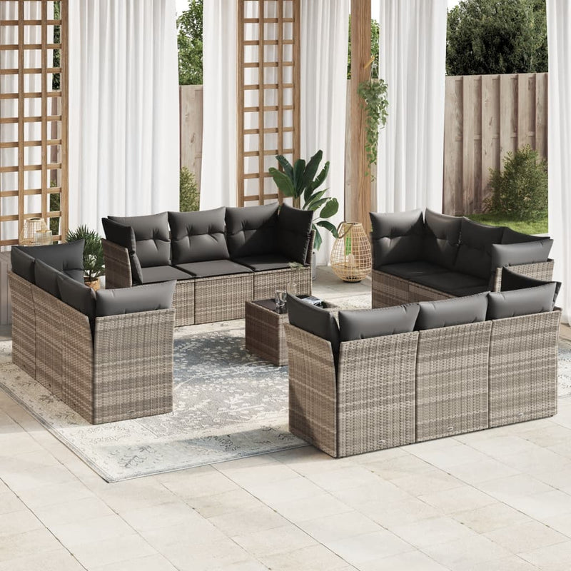 13-tlg. Garten-Sofagarnitur mit Kissen Hellgrau Poly Rattan