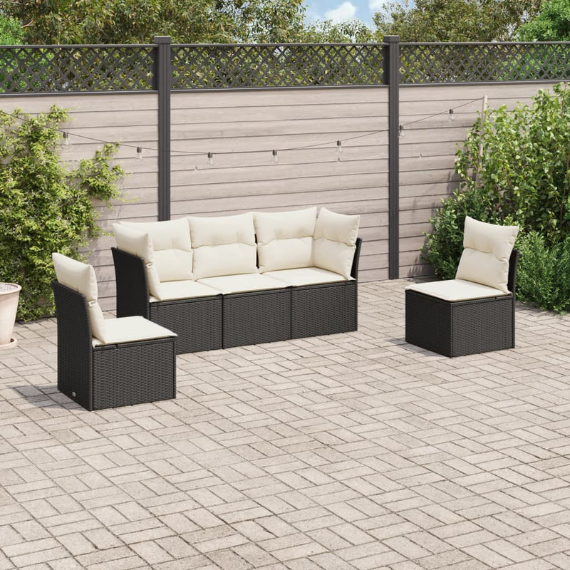 5-tlg. Garten-Sofagarnitur mit Kissen Schwarz Poly Rattan