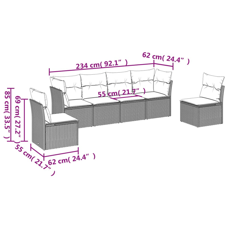 6-tlg. Garten-Sofagarnitur mit Kissen Schwarz Poly Rattan