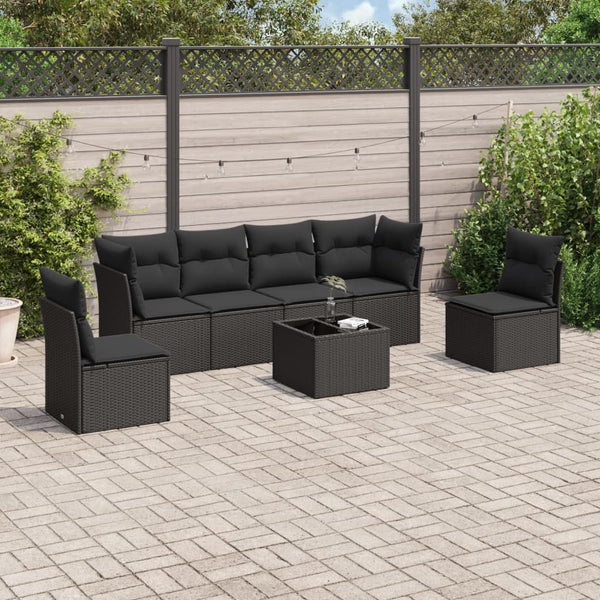 7-tlg. Garten-Sofagarnitur mit Kissen Schwarz Poly Rattan