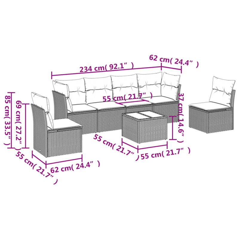 7-tlg. Garten-Sofagarnitur mit Kissen Schwarz Poly Rattan