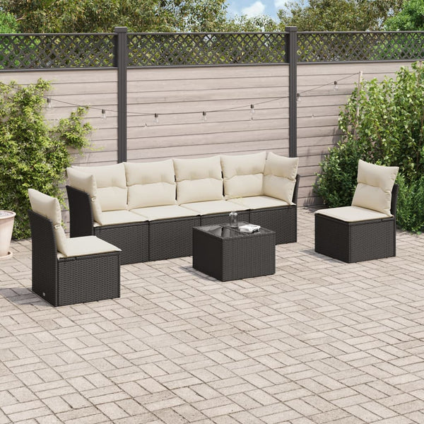 7-tlg. Garten-Sofagarnitur mit Kissen Schwarz Poly Rattan