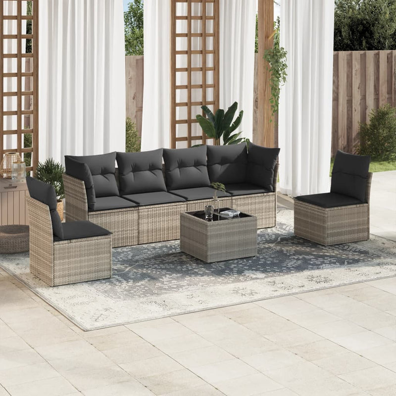 7-tlg. Garten-Sofagarnitur mit Kissen Hellgrau Poly Rattan