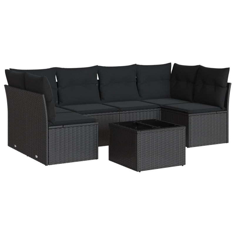 7-tlg. Garten-Sofagarnitur mit Kissen Schwarz Poly Rattan