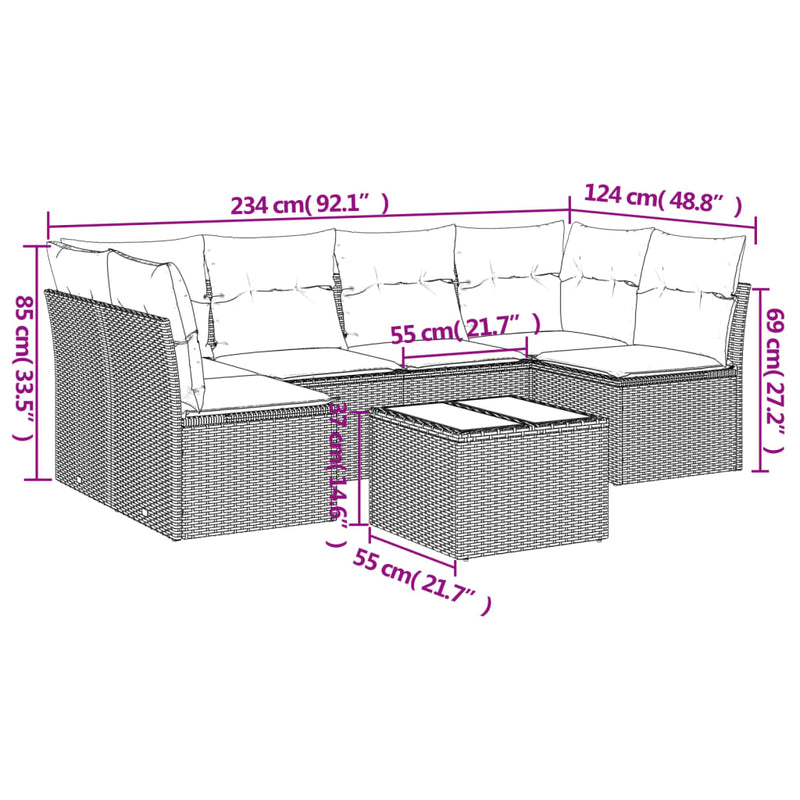 7-tlg. Garten-Sofagarnitur mit Kissen Schwarz Poly Rattan