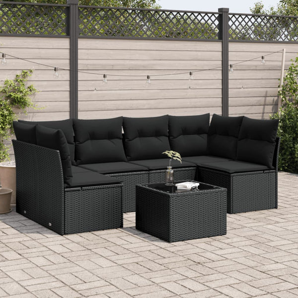 7-tlg. Garten-Sofagarnitur mit Kissen Schwarz Poly Rattan