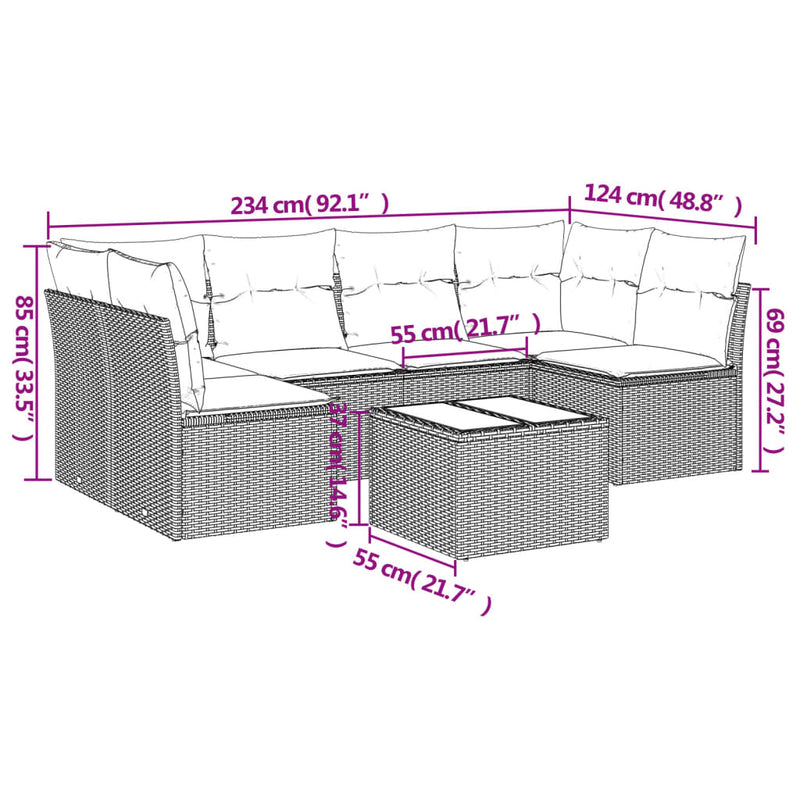 7-tlg. Garten-Sofagarnitur mit Kissen Beige Poly Rattan