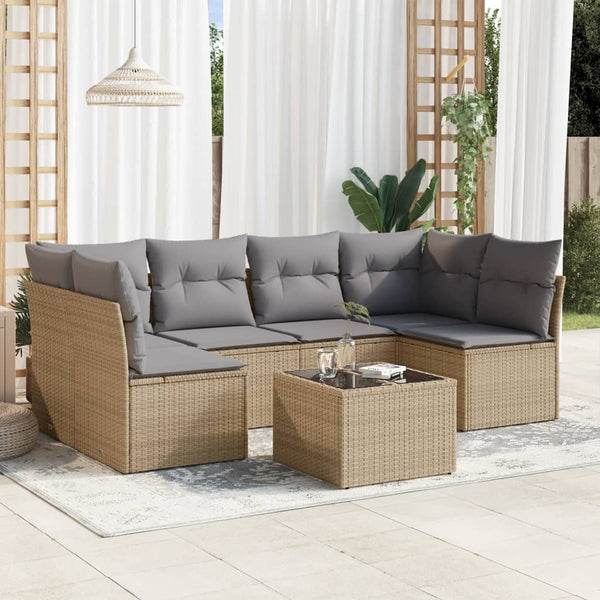 7-tlg. Garten-Sofagarnitur mit Kissen Beige Poly Rattan