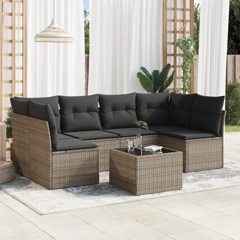 7-tlg. Garten-Sofagarnitur mit Kissen Grau Poly Rattan