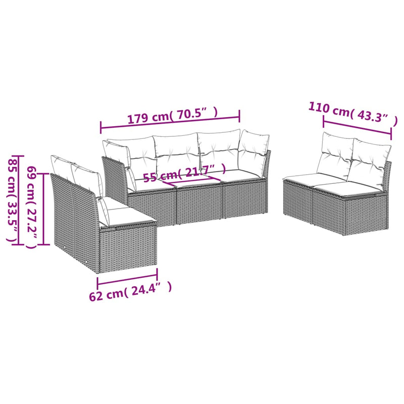 7-tlg. Garten-Sofagarnitur mit Kissen Schwarz Poly Rattan