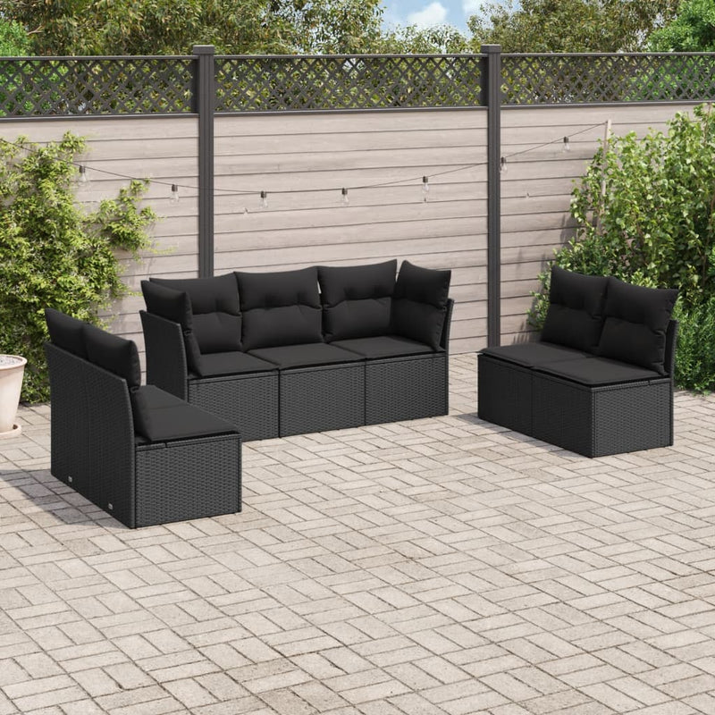 7-tlg. Garten-Sofagarnitur mit Kissen Schwarz Poly Rattan