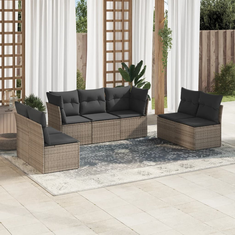 7-tlg. Garten-Sofagarnitur mit Kissen Grau Poly Rattan