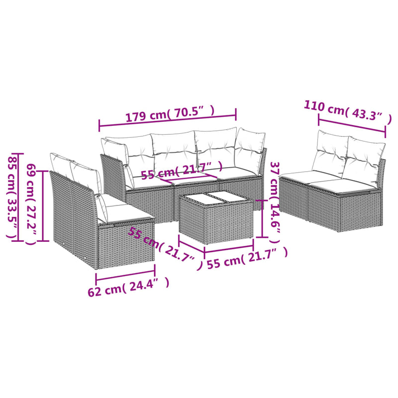 8-tlg. Garten-Sofagarnitur mit Kissen Schwarz Poly Rattan