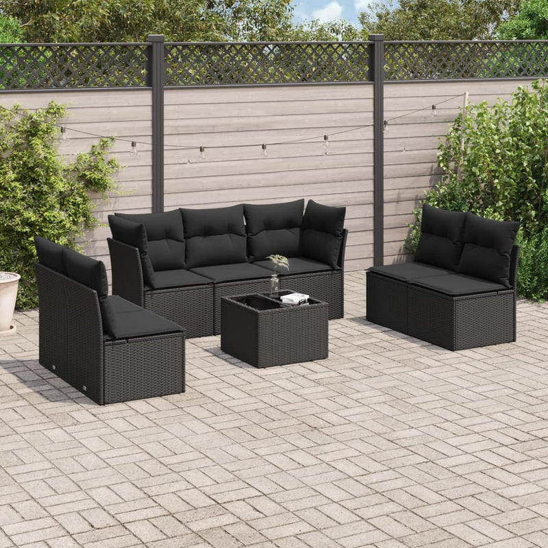 8-tlg. Garten-Sofagarnitur mit Kissen Schwarz Poly Rattan