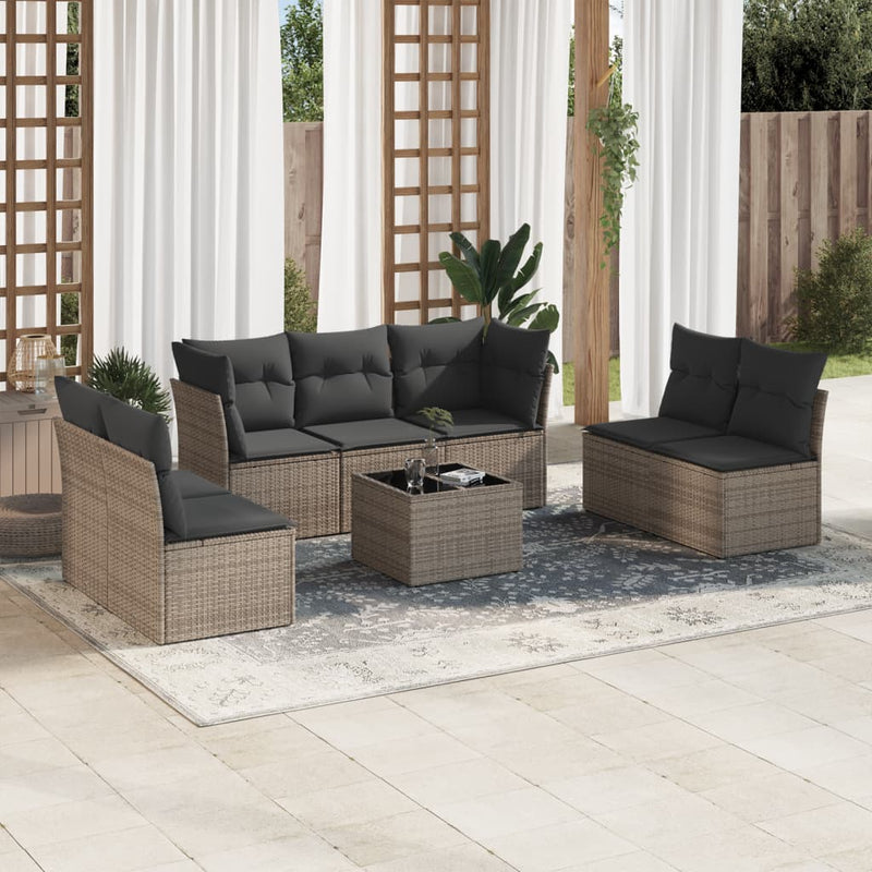 8-tlg. Garten-Sofagarnitur mit Kissen Grau Poly Rattan