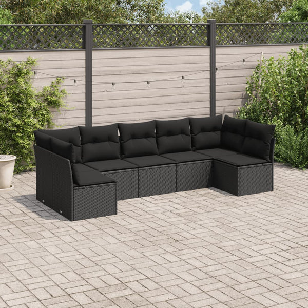 7-tlg. Garten-Sofagarnitur mit Kissen Schwarz Poly Rattan