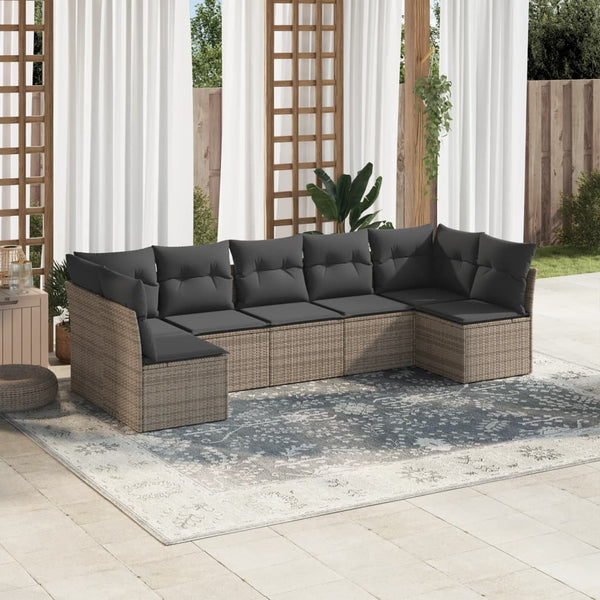 7-tlg. Garten-Sofagarnitur mit Kissen Grau Poly Rattan