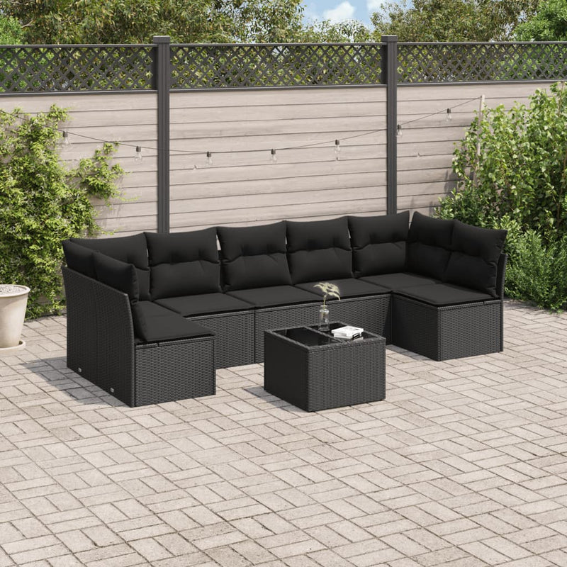 8-tlg. Garten-Sofagarnitur mit Kissen Schwarz Poly Rattan