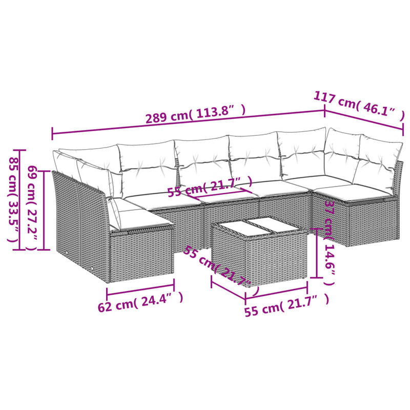 8-tlg. Garten-Sofagarnitur mit Kissen Grau Poly Rattan