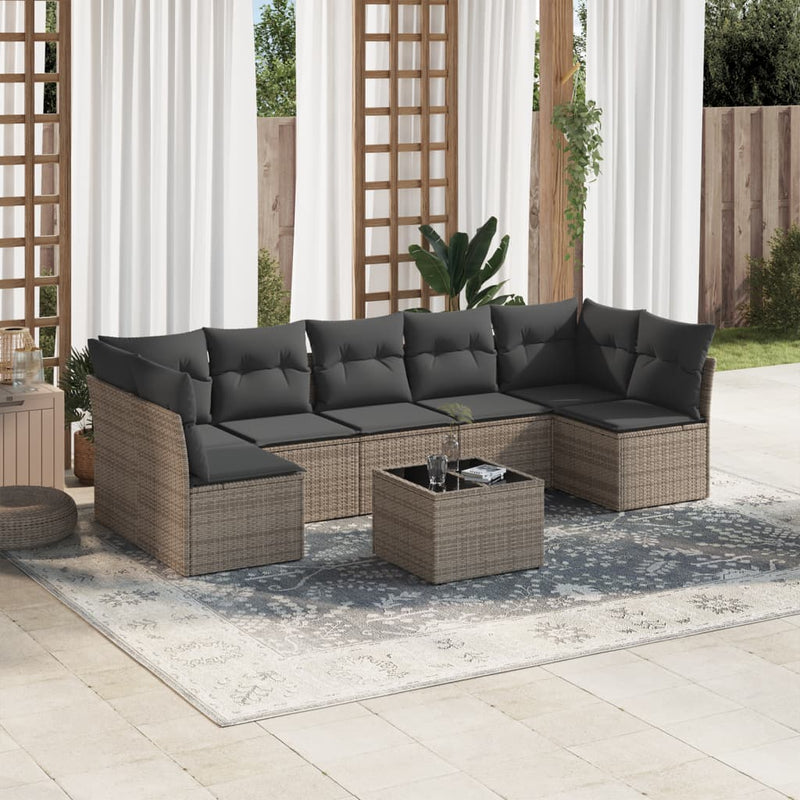 8-tlg. Garten-Sofagarnitur mit Kissen Grau Poly Rattan