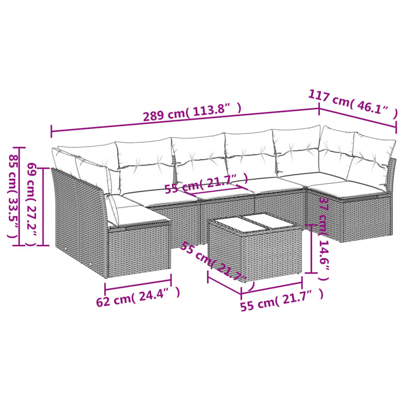 8-tlg. Garten-Sofagarnitur mit Kissen Hellgrau Poly Rattan