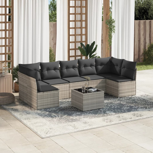 8-tlg. Garten-Sofagarnitur mit Kissen Hellgrau Poly Rattan