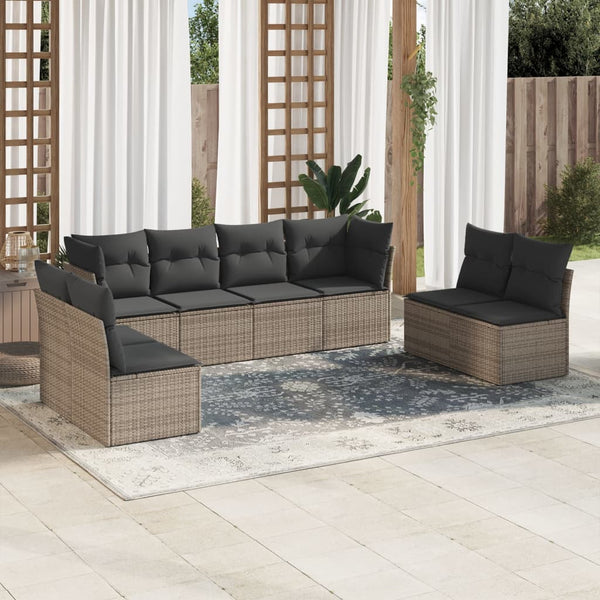 8-tlg. Garten-Sofagarnitur mit Kissen Grau Poly Rattan