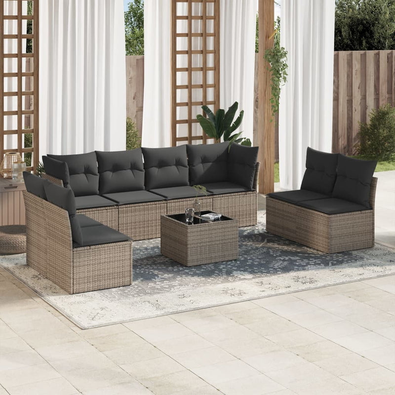 9-tlg. Garten-Sofagarnitur mit Kissen Grau Poly Rattan