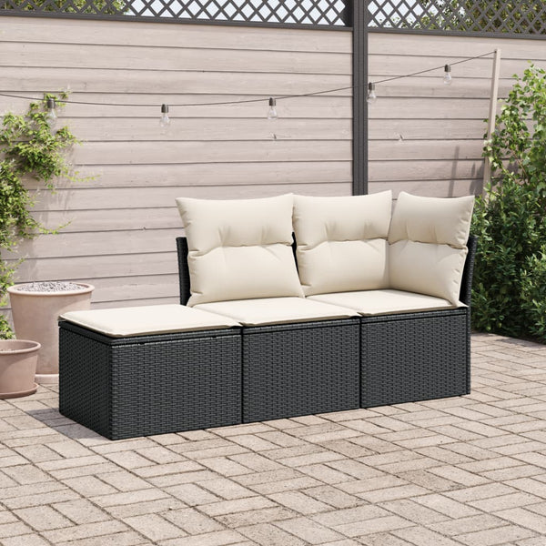 3-tlg. Garten-Sofagarnitur mit Kissen Schwarz Poly Rattan