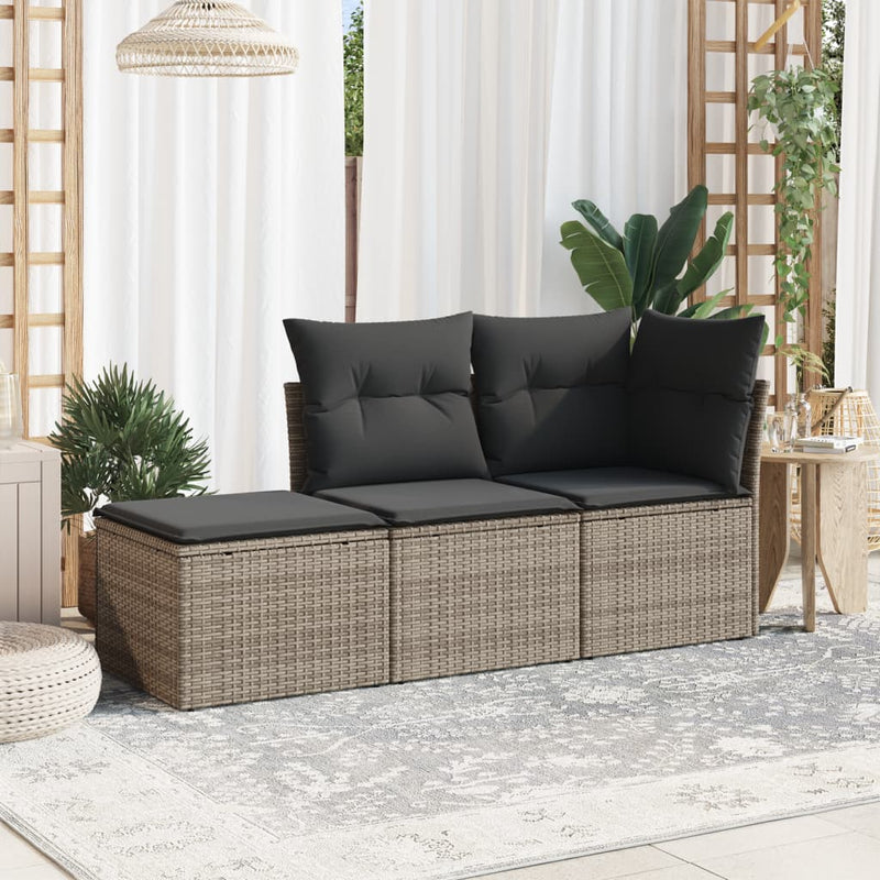 3-tlg. Garten-Sofagarnitur mit Kissen Grau Poly Rattan