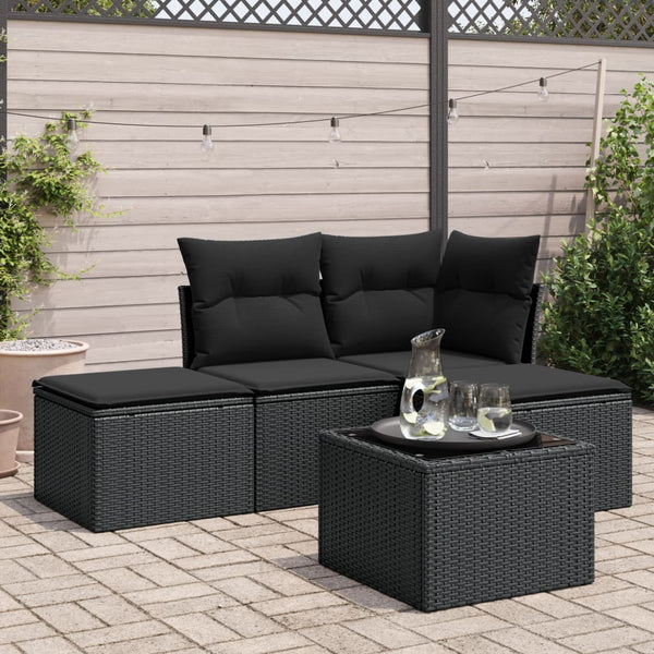 5-tlg. Garten-Sofagarnitur mit Kissen Schwarz Poly Rattan