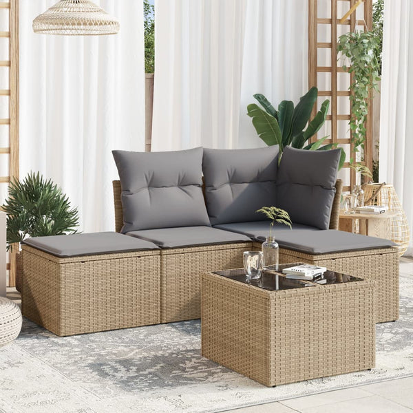 5-tlg. Garten-Sofagarnitur mit Kissen Beige Poly Rattan