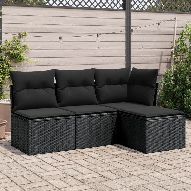 4-tlg. Garten-Sofagarnitur mit Kissen Schwarz Poly Rattan