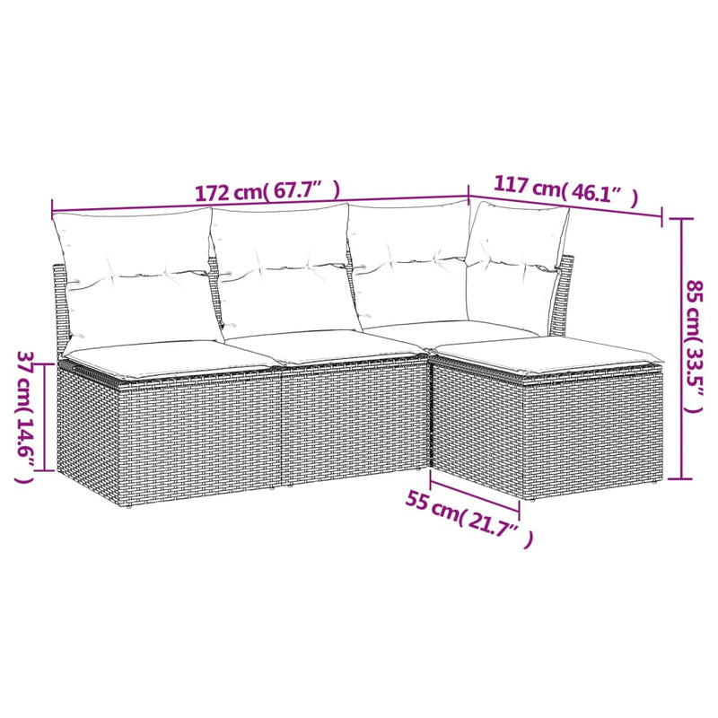 4-tlg. Garten-Sofagarnitur mit Kissen Hellgrau Poly Rattan