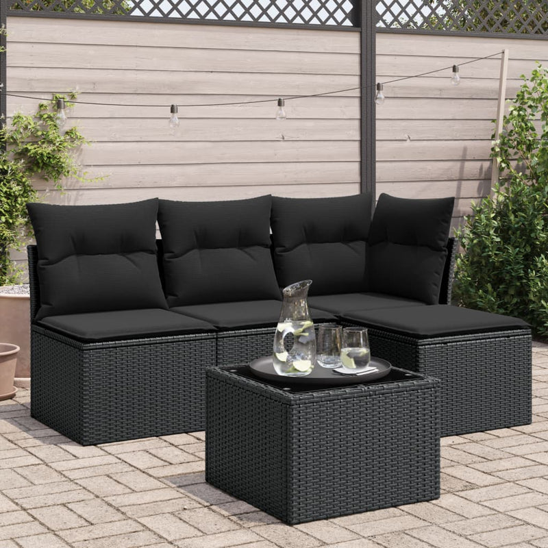 5-tlg. Garten-Sofagarnitur mit Kissen Schwarz Poly Rattan