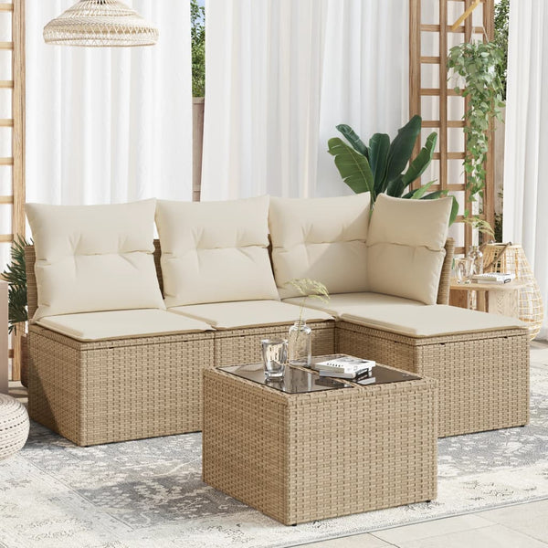 5-tlg. Garten-Sofagarnitur mit Kissen Beige Poly Rattan