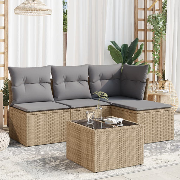 5-tlg. Garten-Sofagarnitur mit Kissen Beige Poly Rattan