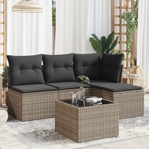 5-tlg. Garten-Sofagarnitur mit Kissen Grau Poly Rattan