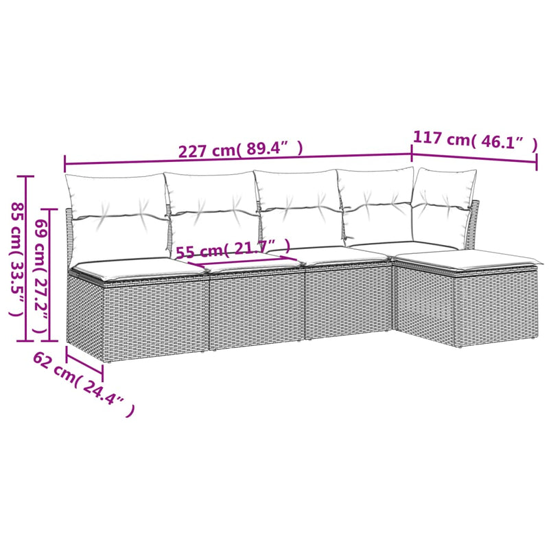 5-tlg. Garten-Sofagarnitur mit Kissen Grau Poly Rattan