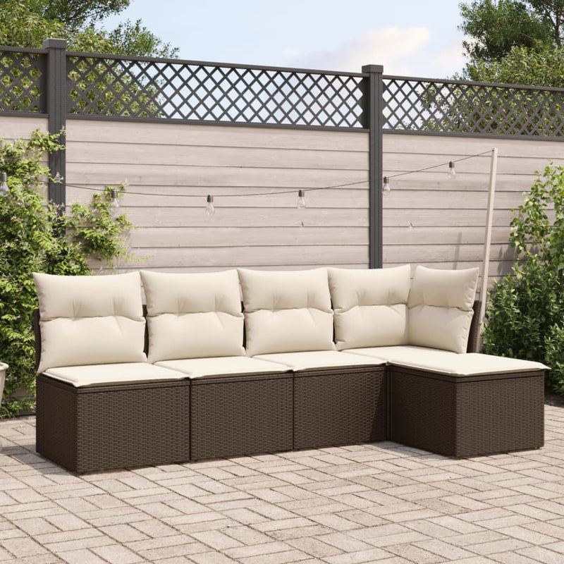 5-tlg. Garten-Sofagarnitur mit Kissen Braun Poly Rattan