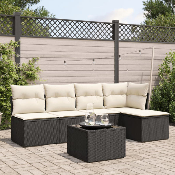 6-tlg. Garten-Sofagarnitur mit Kissen Schwarz Poly Rattan