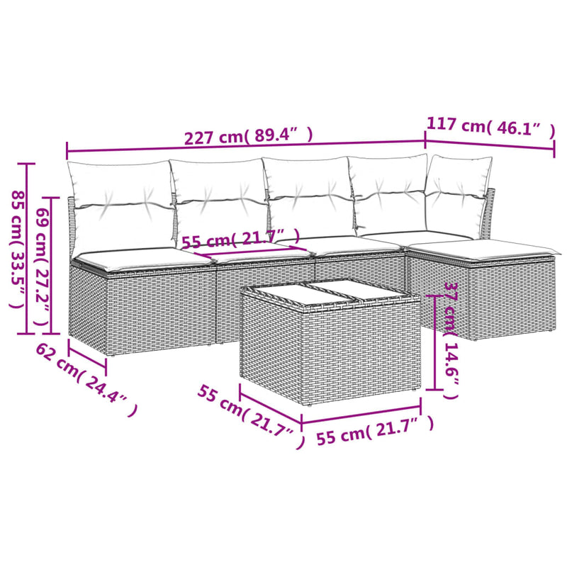 6-tlg. Garten-Sofagarnitur mit Kissen Grau Poly Rattan