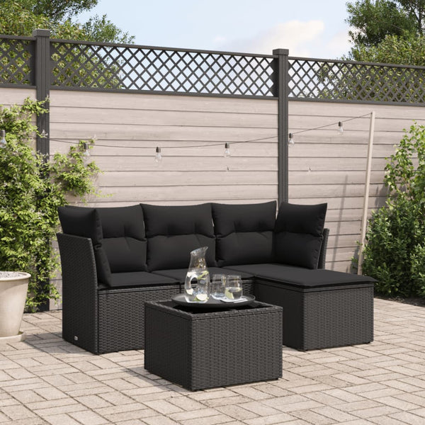 5-tlg. Garten-Sofagarnitur mit Kissen Schwarz Poly Rattan