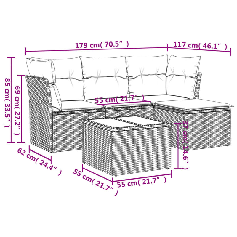 5-tlg. Garten-Sofagarnitur mit Kissen Beige Poly Rattan