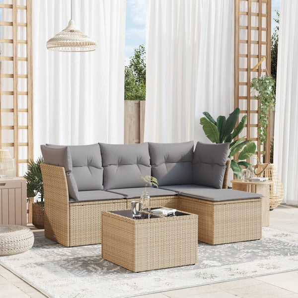 5-tlg. Garten-Sofagarnitur mit Kissen Beige Poly Rattan