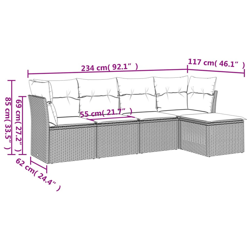 5-tlg. Garten-Sofagarnitur mit Kissen Grau Poly Rattan