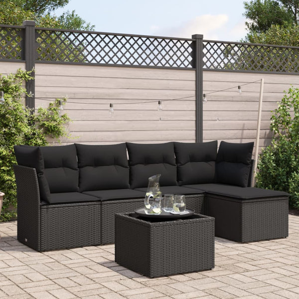 6-tlg. Garten-Sofagarnitur mit Kissen Schwarz Poly Rattan