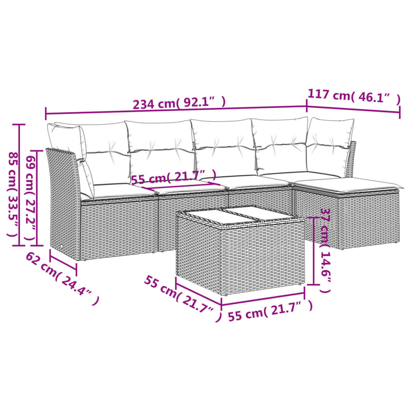 6-tlg. Garten-Sofagarnitur mit Kissen Beige Poly Rattan