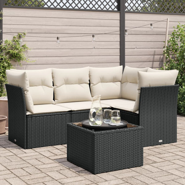 5-tlg. Garten-Sofagarnitur mit Kissen Schwarz Poly Rattan